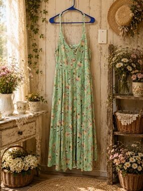 Torrid Super Soft Mint Green Button Front Floral Skater Maxi Dress Sz 1 Pockets